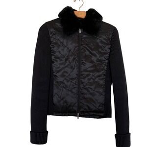 Y2K Vintage Bebe Black Quilted Puffer Down Jacket Rabbit Fur Collar Knit Sleeves